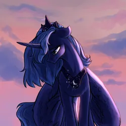 Size: 1024x1024 | Tagged: safe, artist:not-ordinary-pony, derpibooru import, princess luna, dawn, derpibooru exclusive, image, png, s1 luna, sad, sky, solo, wings, wings down