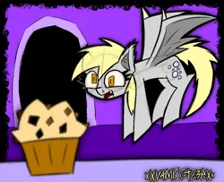 Size: 1956x1586 | Tagged: safe, artist:xxv4mp_g4z3rxx, derpibooru import, derpy hooves, bat pony, pony, bat ponified, blonde mane, blonde tail, female, flying, food, gray coat, happy, image, mare, muffin, png, race swap, signature, smiling, solo, tail