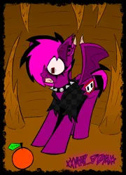 Size: 804x1114 | Tagged: safe, artist:xxv4mp_g4z3rxx, derpibooru import, oc, oc:violet valium, unofficial characters only, bat pony, pony, bat pony oc, bat wings, cave, clothes, collar, emo, eyeliner, grapefruit, hoodie, image, makeup, png, red eyes, scared, signature, solo, spiked collar, spread wings, torn ear, two toned mane, wings