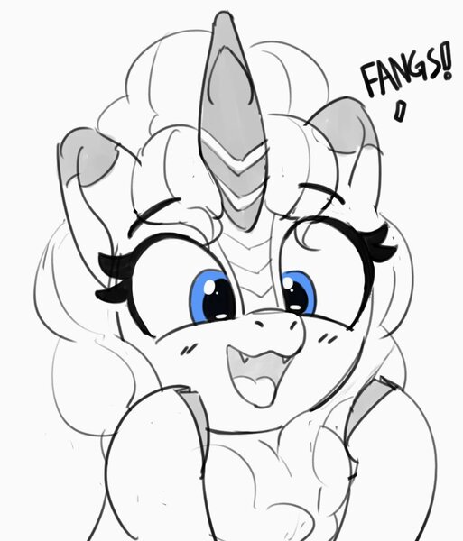 Size: 830x971 | Tagged: safe, artist:pabbley, derpibooru import, pinkie pie, kirin, bust, cute, cute little fangs, diapinkes, fangs, grayscale, image, jpeg, kirinified, monochrome, open mouth, open smile, partial color, simple background, smiling, solo, species swap, white background
