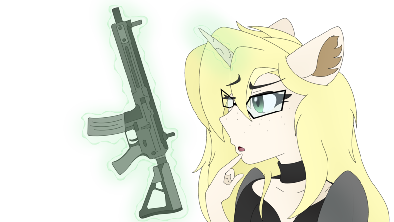 Size: 3840x2160 | Tagged: safe, artist:straighttothepointstudio, derpibooru import, oc, unofficial characters only, anthro, unicorn, anthro oc, assault rifle, clothes, digital art, female, freckles, g5, glasses, gun, image, m4, m4a1, png, rifle, simple background, solo, transparent background, weapon, wondering