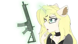 Size: 3840x2160 | Tagged: safe, artist:straighttothepointstudio, derpibooru import, oc, unofficial characters only, anthro, unicorn, anthro oc, assault rifle, clothes, digital art, female, freckles, g5, glasses, gun, image, m4, m4a1, png, rifle, simple background, solo, transparent background, weapon, wondering