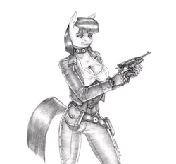 Size: 1349x1250 | Tagged: safe, artist:baron engel, derpibooru import, boulder (pet), maud pie, anthro, earth pony, anthrofied, belt, belt pouch, between breasts, big breasts, breasts, busty maud pie, choker, cleavage, clothes, corset, female, gun, image, jacket, jpeg, pants, shirt, solo, story in the source, story included, weapon