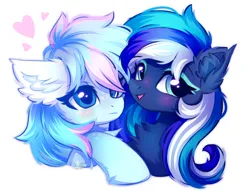 Size: 2000x1525 | Tagged: safe, artist:leah minik, derpibooru import, oc, oc:dove lilac, oc:flaming dune, unofficial characters only, pegasus, pony, blue eyes, blushing, bust, chest fluff, cute, duo, duo female, ear fluff, eyeshadow, female, floating heart, freckles, gift art, green eyes, heart, hug, image, looking at someone, looking away, love, makeup, mare, multicolored mane, open mouth, open smile, pegasus oc, png, portrait, shipping, shy, simple background, smiling, white background, wings