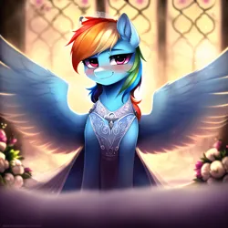 Size: 2560x2560 | Tagged: safe, derpibooru import, machine learning generated, rainbow dash, pegasus, pony, blushing, clothes, dress, ear fluff, female, front view, high res, image, looking at you, mare, marriage, png, smiling, smiling at you, solo, spread wings, wedding, wedding dress, wings