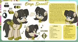 Size: 1200x655 | Tagged: safe, artist:jennieoo, derpibooru import, oc, oc:onyx sonnet, pegasus, pony, bio, image, looking at you, piercing, png, poker face, reference, reference sheet, show accurate, simple background, singing, smiling, smiling at you, solo