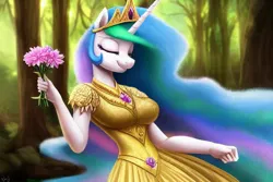 Size: 1920x1280 | Tagged: safe, derpibooru import, editor:dovakkins, machine learning generated, novelai, stable diffusion, princess celestia, alicorn, anthro, beautiful, bouquet, breasts, busty princess celestia, clothes, curvy, dress, eyes closed, female, flower, forest, forest background, happy, hourglass figure, image, jewelry, png, regalia, smiling, solo, tree, wingless