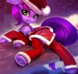Size: 1024x974 | Tagged: safe, artist:xbi, derpibooru import, machine learning assisted, oc, unnamed oc, unofficial characters only, earth pony, pony, 30 minute art challenge finished after, christmas, christmas stocking, female, freckles, hat, holiday, image, looking at you, mare, night, png, santa hat, solo, stars
