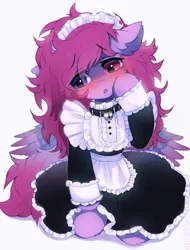 Size: 1842x2421 | Tagged: safe, artist:astralblues, derpibooru import, oc, unofficial characters only, pegasus, pony, :o, bell, bell collar, blushing, clothes, collar, commission, ear fluff, eye clipping through hair, eyebrows, eyebrows visible through hair, female, freckles, heterochromia, hoof on face, image, kneeling, maid, maid headdress, mare, no nose, no nostrils, open mouth, pegasus oc, png, simple background, solo, white background, wings