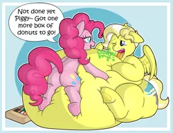 Size: 1033x795 | Tagged: suggestive, artist:pieman24601, derpibooru import, pinkie pie, oc, oc:buttercream, earth pony, pegasus, pony, belly, belly bed, big belly, burp, butt, fat, fat fetish, fattening, fetish, food, huge belly, image, impossibly large belly, massive, one eye closed, open mouth, plot, png, squishy, stomach, stuffed belly, stuffing, weight gain