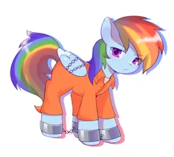 Size: 1400x1258 | Tagged: safe, artist:horseyuris, derpibooru import, rainbow dash, bound wings, chained, chains, clothes, cuffed, cuffs, image, png, prison outfit, prisoner, prisoner rd, shackles, solo, wings