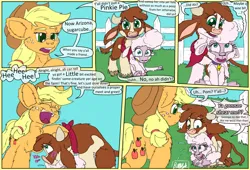 Size: 1584x1080 | Tagged: safe, artist:firefanatic, derpibooru import, applejack, cow, earth pony, pony, sheep, them's fightin' herds, arizona (tfh), chest fluff, comic, community related, dialogue, fluffy, image, lamb, my little pony, png, pom (tfh), talking