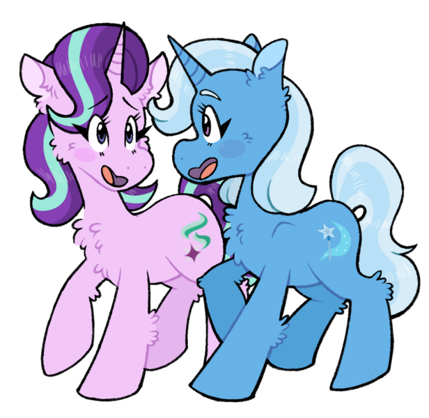 Size: 906x882 | Tagged: safe, artist:paamyu, derpibooru import, starlight glimmer, trixie, pony, unicorn, blushing, female, image, lesbian, looking at each other, looking at someone, mare, open mouth, open smile, png, shipping, simple background, smiling, smiling at each other, startrix, transparent background