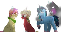 Size: 4200x2220 | Tagged: safe, derpibooru import, misty fly, opaline, posey (g5), sprout cloverleaf, pony, g5, angry, confused, evil, image, jewelry, male, male alicorn, misty brightdawn, necklace, png, rule 63, scared, stallion