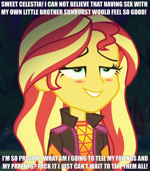 Size: 948x1078 | Tagged: safe, derpibooru import, edit, edited edit, edited screencap, screencap, sunburst, sunset shimmer, human, equestria girls, equestria girls series, sunset's backstage pass!, spoiler:eqg series (season 2), accessories, bedroom eyes, belt, belt buckle, blushing, bush, clothes, cropped, exclamation point, eyebrows, eyelashes, eyes open, female, flower, forest, g4, geode of empathy, grass, grass field, image, impact font, implied incest, implied pregnancy, implied shimmerburst, incest, jacket, leather, leather jacket, leather pants, magical geodes, male, meme, night, open mouth, outdoors, pants, png, pregnant, question, question mark, shimmerburst, shipping, shirt, sky, solo, stars, straight, teeth, text edit, tree, vulgar, wall of tags