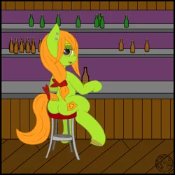 Size: 4000x4000 | Tagged: suggestive, artist:dice-warwick, derpibooru import, oc, oc:lottery, earth pony, pony, fallout equestria, alcohol, bar, barstool, bedroom eyes, butt, dock, ear piercing, image, piercing, png, raised tail, sitting, solo, tail