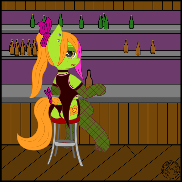 Size: 4000x4000 | Tagged: suggestive, artist:dice-warwick, derpibooru import, oc, oc:lottery, earth pony, pony, fallout equestria, alcohol, bar, barstool, bedroom eyes, butt, choker, clothes, dock, dock piercing, ear piercing, fishnets, image, panties, piercing, png, ponytail, prostitution, raised tail, sitting, solo, tail, tail piercing, underwear