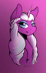 Size: 801x1270 | Tagged: safe, artist:orbitingdamoon, derpibooru import, opaline, alicorn, pony, my little pony: make your mark, spoiler:g5, spoiler:my little pony: make your mark, bust, female, g5, gradient background, grin, image, jpeg, mare, smiling, solo