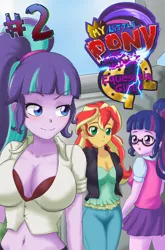Size: 1850x2800 | Tagged: suggestive, artist:feudal-fiction, derpibooru import, sci-twi, starlight glimmer, sunset shimmer, twilight sparkle, human, comic:equestria girls curse and madness, equestria girls, belly button, breasts, busty starlight glimmer, cleavage, comic cover, female, high res, image, png, s5 starlight, trio, trio female