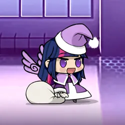 Size: 1750x1750 | Tagged: safe, artist:deroach, derpibooru import, twilight sparkle, twilight sparkle (alicorn), alicorn, human, christmas, clothes, costume, hat, holiday, humanized, image, meme, padoru, png, santa costume, santa hat, winged humanization, wings