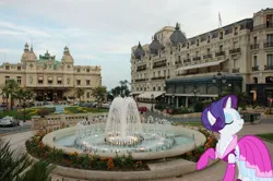 Size: 1280x851 | Tagged: safe, artist:jaredking779, artist:thatsgrotesque, derpibooru import, rarity, pony, unicorn, alternate hairstyle, clothes, dress, eyes closed, female, fountain, image, irl, jpeg, mare, monaco, photo, ponies in real life, smiling, solo