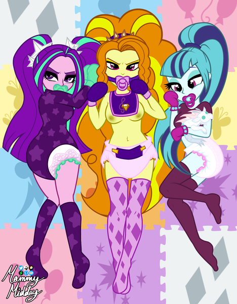 Size: 1721x2205 | Tagged: questionable, artist:mommymidday, derpibooru import, adagio dazzle, aria blaze, sonata dusk, siren, equestria girls, bib, breasts, clothes, comeuppance, diaper, diaper fetish, disguise, disguised siren, exposed breasts, eyeshadow, female, fetish, glare, image, kneesocks, looking at you, lying down, makeup, mittens, non-baby in diaper, on back, onesie, pacifier, pacifier gag, pigtails, playmat, plushie, png, ponytail, restrained, revenge, short shirt, side, signature, socks, the dazzlings, thigh highs, trio, trio female