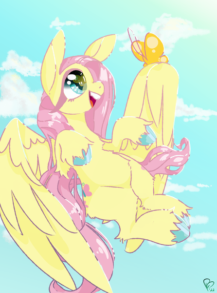 Size: 900x1210 | Tagged: safe, artist:pagophasia, derpibooru import, fluttershy, butterfly, insect, pegasus, pony, cloud, cute, daytime, derpibooru exclusive, female, flying, image, looking up, png, reflection, shyabetes, smiling, solo, unshorn fetlocks