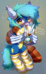 Size: 1280x2030 | Tagged: safe, artist:astralblues, derpibooru import, oc, unofficial characters only, pegasus, pony, chocolate, clothes, female, food, hot chocolate, image, jpeg, mare, mug, scarf, socks, solo, striped socks, uniform, wing hands, wings, wonderbolts uniform