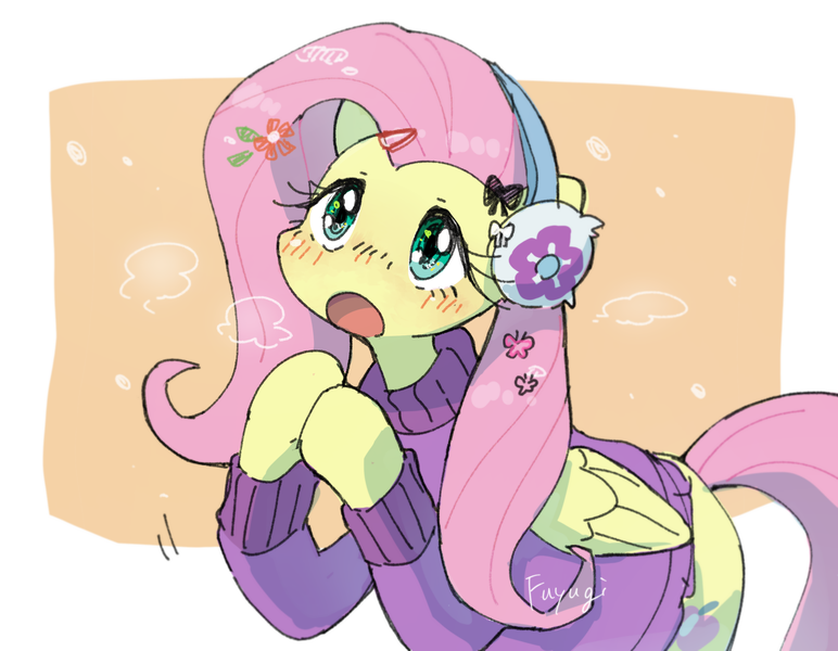 Size: 2601x2022 | Tagged: safe, artist:fuyugi, derpibooru import, fluttershy, pegasus, pony, blushing, breath, clothes, cute, earmuffs, female, hooves together, image, mare, open mouth, png, shyabetes, solo, sweater, sweatershy