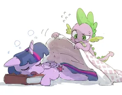 Size: 2724x2121 | Tagged: safe, artist:fuyugi, derpibooru import, spike, twilight sparkle, twilight sparkle (alicorn), alicorn, dragon, pony, blanket, book, cup, cute, duo, eyes closed, female, floppy ears, folded wings, horn, image, lying down, male, mare, one eye closed, open mouth, png, prone, simple background, sleeping, spikabetes, teacup, tucking in, twiabetes, white background, wings