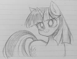 Size: 1401x1080 | Tagged: safe, artist:namaenonaipony, derpibooru import, twilight sparkle, pony, unicorn, grayscale, image, jpeg, lined paper, monochrome, smiling, solo, traditional art, unicorn twilight