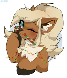 Size: 1200x1400 | Tagged: safe, artist:butterbit, derpibooru import, deer, deer pony, original species, pony, candy, candy cane, christmas, christmas lights, cute, food, holiday, image, png, smiling, solo
