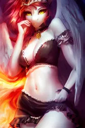 Size: 1024x1536 | Tagged: safe, derpibooru import, editor:mr-bat, machine learning generated, stable diffusion, daybreaker, anthro, abstract background, belly, belly button, breasts, closed mouth, clothes, collar, crown, female, fingers, fire, golden eyes, hand, hand on hip, hips, image, jewelry, looking at you, mouth, png, reasonably sized breasts, red hair, regalia, ribbon, skirt, slit pupils, solo, spread wings, thighs, victorian, white skin, wings, wristband