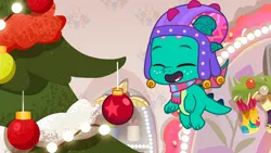 Size: 3072x1727 | Tagged: safe, derpibooru import, screencap, sparky sparkeroni, dragon, my little pony: tell your tale, spoiler:g5, spoiler:my little pony: tell your tale, spoiler:tyts01e40, baby, baby dragon, christmas, christmas tree, eyes closed, flying, g5, high res, holiday, image, jpeg, male, open mouth, open smile, secret canter, smiling, solo, spread wings, tree, wings, youtube link