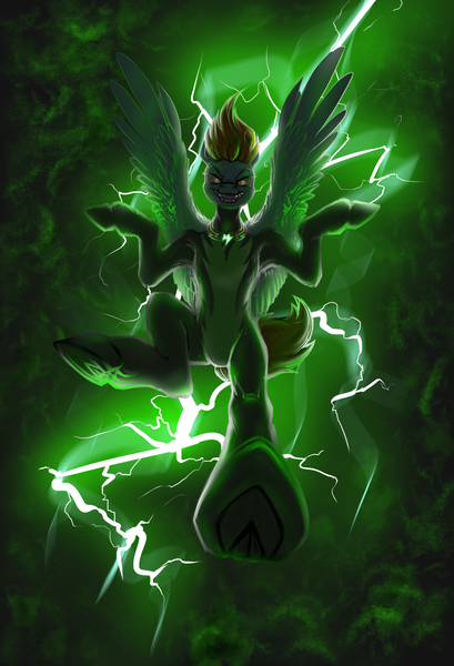 Size: 1500x2200 | Tagged: suggestive, artist:jehr, derpibooru import, lightning dust, pegasus, angry, angry smile, element of generosity, element of honesty, element of kindness, element of laughter, element of loyalty, element of magic, elements of harmony, green, green background, grin, image, lightning, png, simple background, smiling, solo