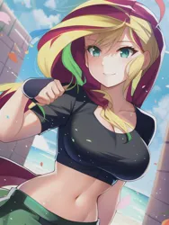 Size: 512x682 | Tagged: suggestive, derpibooru import, machine learning generated, novelai, stable diffusion, sunset shimmer, human, equestria girls, anime style, belly button, big breasts, black shirt, breasts, busty sunset shimmer, cargo pants, clothes, cosplay, costume, gloves, humanized, image, jpeg, kim possible, looking at you, midriff, pants, smiling