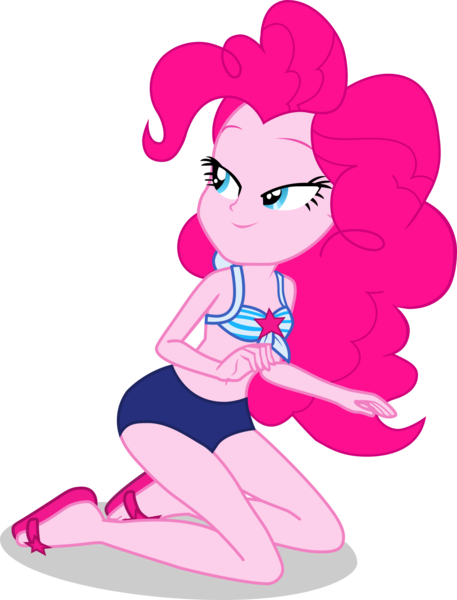Size: 1110x1456 | Tagged: safe, alternate version, artist:dustinwatsongkx, derpibooru import, pinkie pie, human, equestria girls, accessory swap, bare shoulders, bikini, clothes, clothes swap, eyebrows, female, high res, image, kneeling, lidded eyes, looking up, png, sandals, sci-twi swimsuit, simple background, sleeveless, smiling, solo, swimsuit, swimsuit swap, transparent background