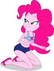 Size: 1110x1456 | Tagged: safe, alternate version, artist:dustinwatsongkx, derpibooru import, pinkie pie, human, equestria girls, accessory swap, bare shoulders, bikini, clothes, clothes swap, eyebrows, female, high res, image, kneeling, lidded eyes, looking up, png, sandals, sci-twi swimsuit, simple background, sleeveless, smiling, solo, swimsuit, swimsuit swap, transparent background