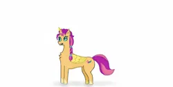 Size: 640x322 | Tagged: safe, artist:nismorose, derpibooru import, sunny starscout, alicorn, earth pony, pony, my little pony: a new generation, my little pony: tell your tale, chest fluff, cutie mark, ear fluff, female, g5, glow, glowing hooves, glowing horn, glowing wings, horn, image, jpeg, mare, ponytail, simple background, smiling, solo, white background, wings