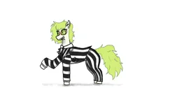 Size: 1639x828 | Tagged: safe, artist:nismorose, derpibooru import, oc, oc:beetle, pony, beetlejuice, clothes, costume, ear fluff, fanart, female, green eyes, green mane, green tail, grin, halloween, halloween costume, holiday, image, jpeg, mare, necktie, nightmare night, nightmare night costume, pants, sharp teeth, shirt, simple background, smiling, solo, striped shirt, suit, tail, teeth, white background