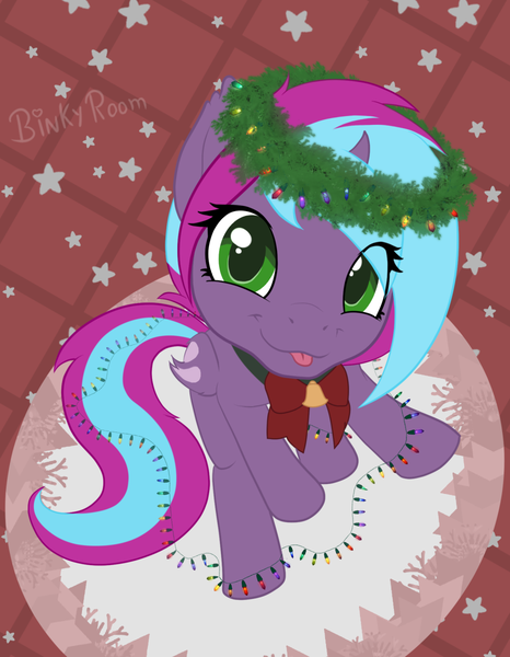 Size: 932x1200 | Tagged: safe, artist:binkyroom, derpibooru import, oc, bat pony, pony, bell, bow, christmas, christmas lights, colored, cute, flat colors, holiday, horn, image, looking at you, patreon, patreon reward, png, ribbon, simple background, sitting, smiling, solo, tongue out
