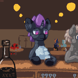 Size: 800x800 | Tagged: safe, artist:vohd, derpibooru import, oc, oc:ex, unofficial characters only, earth pony, pony, unicorn, :3, alcohol, animated, bar, bottle, chest fluff, clothes, drinking, gif, glass, image, lamp, ox:vohd, pants, pixel art, pushing, sitting, tongue out