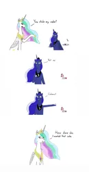 Size: 742x1426 | Tagged: safe, artist:nismorose, derpibooru import, princess cadance, princess celestia, princess luna, alicorn, pony, angry, blatant lies, cake, chest fluff, comic, crown, cutie mark, ear fluff, ethereal mane, exploitable meme, female, food, horn, image, jewelry, jpeg, levitation, lies, lying, magic, mare, meme, old meme, plate, regalia, shocked, shocked expression, siblings, simple background, sisters, sitting, smiling, sparkly mane, speech, spoon, spread wings, starry mane, talking, telekinesis, text, white background, wings