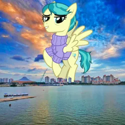 Size: 1430x1430 | Tagged: safe, artist:cheezedoodle96, artist:jaredking779, derpibooru import, edit, auntie lofty, pegasus, pony, clothes, female, giant pegasus, giant pony, giantess, highrise ponies, image, irl, jpeg, macro, mare, mega giant, photo, ponies in real life, rearing, singapore, spread wings, sweater, wings