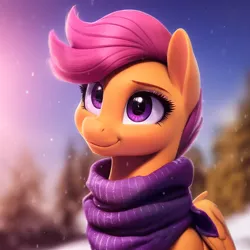 Size: 1280x1280 | Tagged: safe, derpibooru import, editor:xbi, machine learning assisted, scootaloo, pony, clothes, female, image, mare, png, scarf, solo, winter