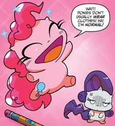 Size: 750x824 | Tagged: safe, artist:andypriceart, derpibooru import, idw, pinkie pie, rarity, earth pony, pony, unicorn, spoiler:comic, spoiler:comic42, dialogue, duo, female, g4, image, jpeg, mare, pencil, rarity is not amused, speech bubble, unamused, we don't normally wear clothes