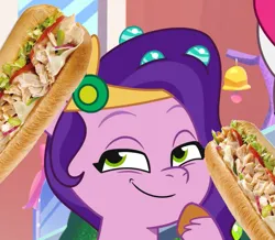 Size: 897x781 | Tagged: suggestive, derpibooru import, edit, edited screencap, editor:sollace, screencap, pipp petals, pegasus, pony, my little pony: tell your tale, spoiler:g5, spoiler:tyts01e40, contemplating, female, food, g5, image, innuendo, not porn, offscreen character, png, sandwich, sandwich censorship, secret canter, smiling, smirk, solo