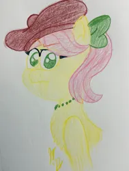 Size: 1546x2048 | Tagged: safe, artist:jesslmc16, derpibooru import, posey (g5), earth pony, my little pony: tell your tale, beret, bow, bust, colored, colored pencil drawing, drawing, eyebrows, female, frown, g5, hair bow, hat, image, jpeg, portrait, raised eyebrow, shoulder, traditional art