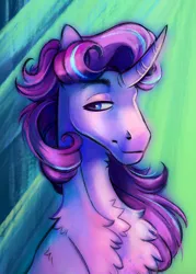 Size: 1000x1400 | Tagged: safe, artist:eeelt, derpibooru import, starlight glimmer, unicorn, bust, chest fluff, curved horn, female, green background, horn, image, png, portrait, simple background, solo, solo female, sternocleidomastoid