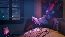 Size: 1920x1080 | Tagged: safe, artist:retro0range, derpibooru import, twilight sparkle, anthro, unicorn, 3d, bedroom, book, comfy, computer, female, image, laptop computer, night, png, reading, source filmmaker, studying, that pony sure does love books